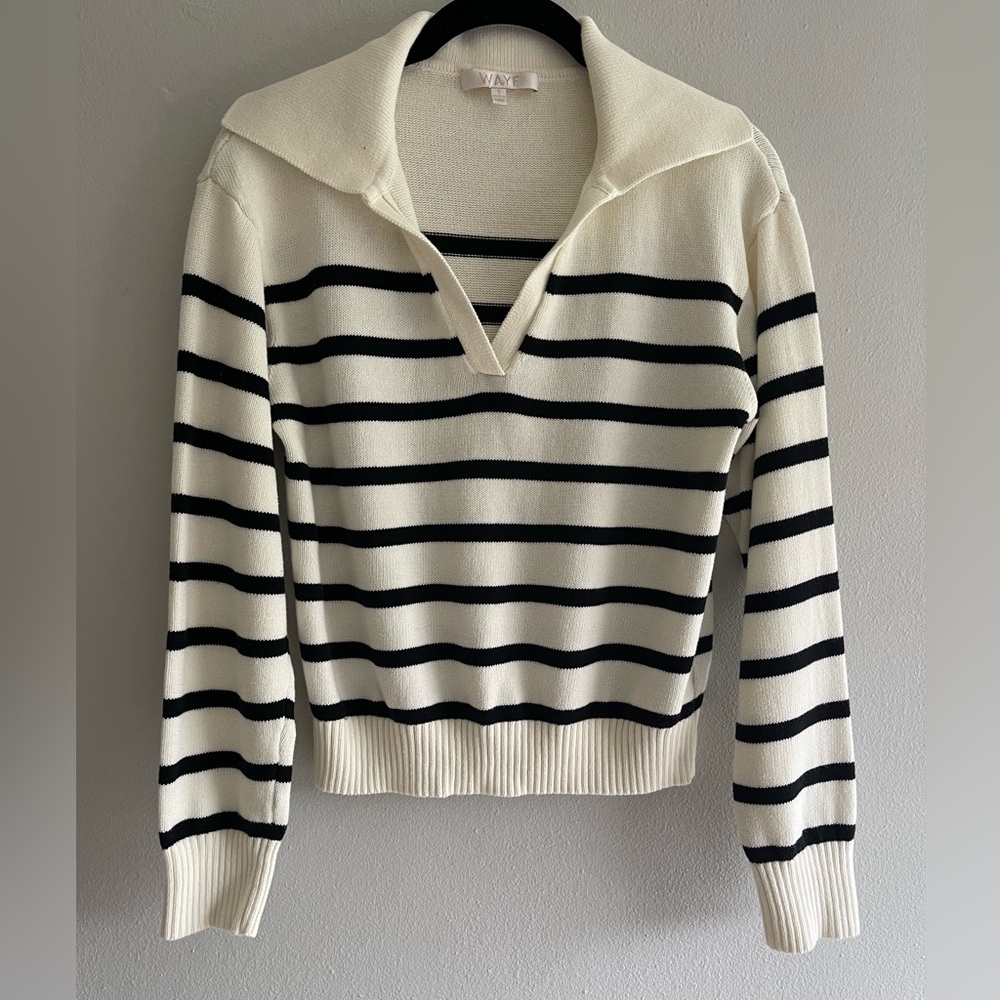Wayf Black and Cream Striped V-Neck Sweater